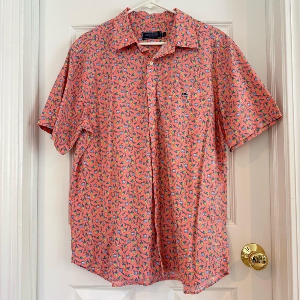 VINEYARD VINES Coral PINEAPPLE CAPE Classic Fit Short Sleeve Shirt Size L